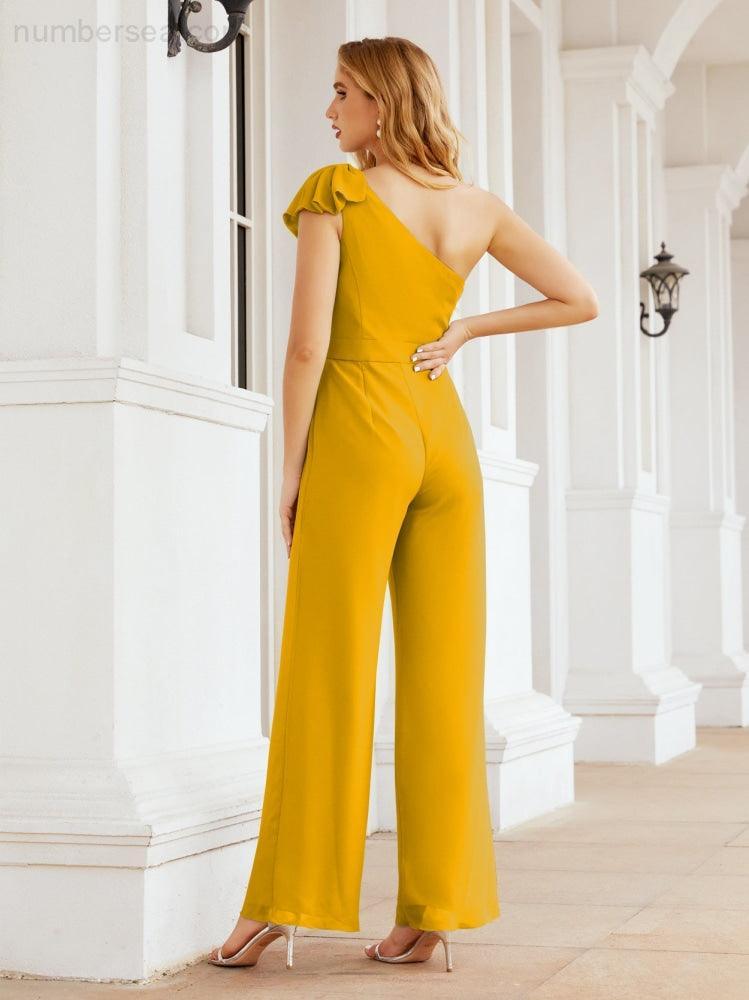 Numbersea Womens One Shoulder Chiffon Long Jumpsuit Formal Evening Dress Bridesmaid Dresses Pants