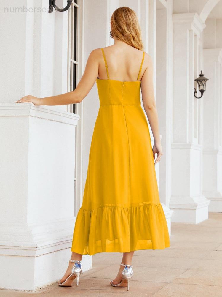 Numbersea Women Strap Chiffon Bridesmaid Dress Ankle Length Sleeveless Blackless Ruffle A Line