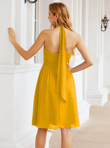 Numbersea Halter Chiffon Vestidos de dama de honor Cortos Sin mangas Vestido de fiesta formal Espalda abierta 28023 