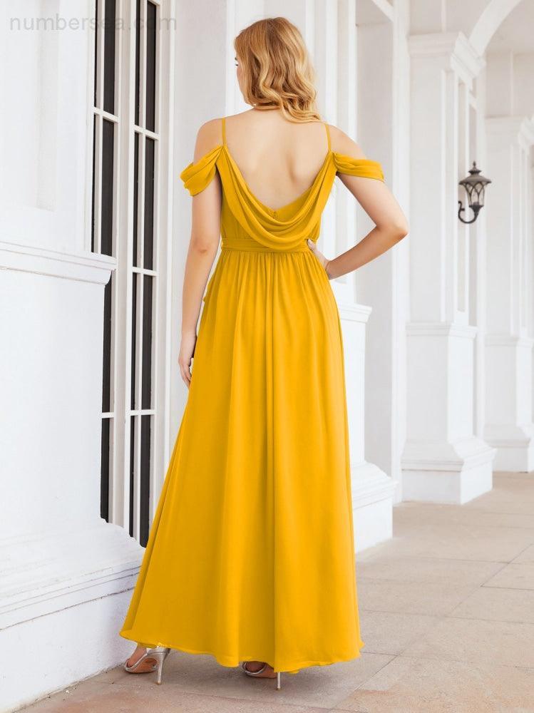 Numbersea Off The Shoulder Chiffon Bridesmaid Dress Long Formal Graduation Gown with Cowl Back 28069-numbersea