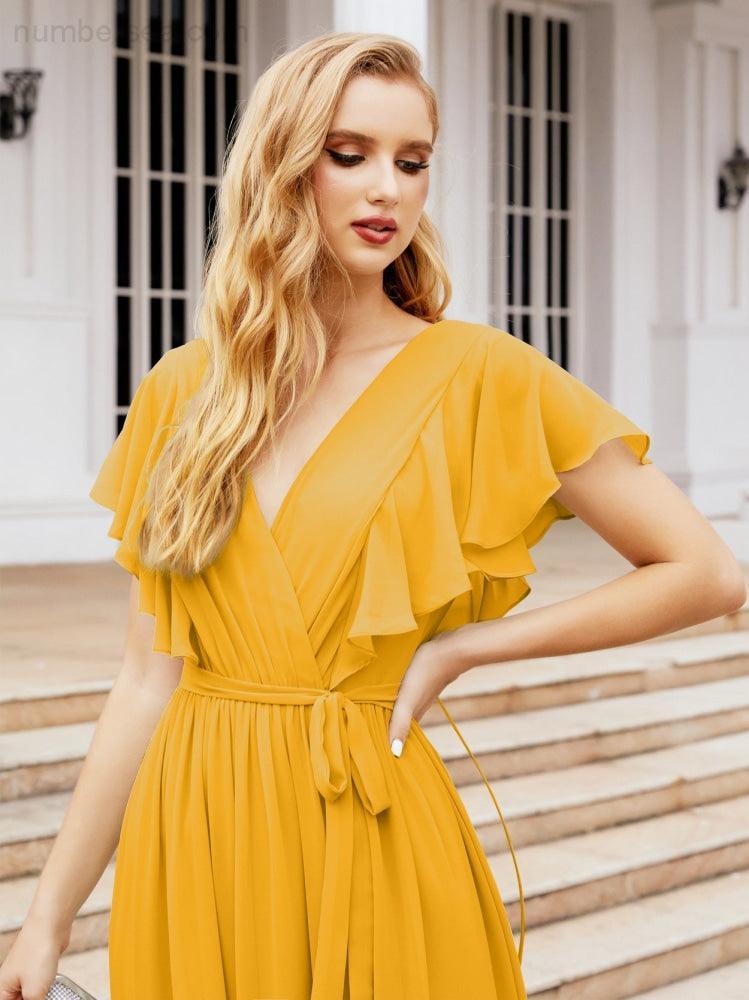 Numbersea Women's Open Back Formal Evening Party Prom Gowns V-Neck Long Chiffon Bridesmaid Dresses with Waist Belt 28038-numbersea