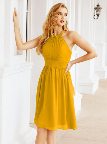 Numbersea Halter Chiffon Vestidos de dama de honor Cortos Sin mangas Vestido de fiesta formal Espalda abierta 28023 