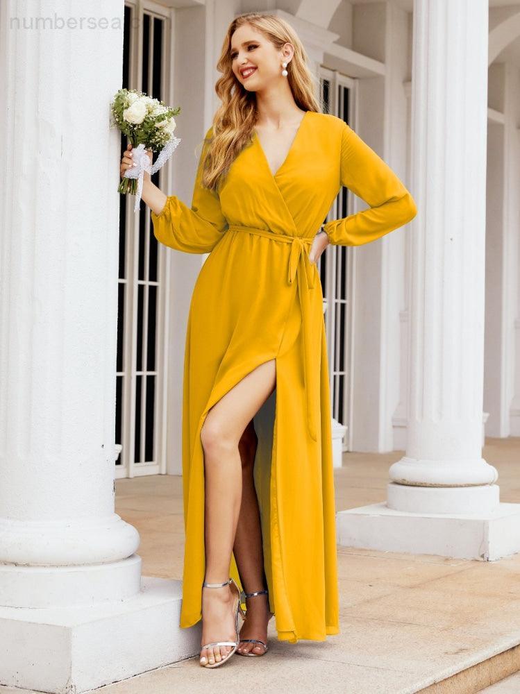 Numbersea Women's Chiffon Bridesmaid Dress A line Long Sleeves Formal Evening Prom Gown for Wedding Guest 28032-numbersea