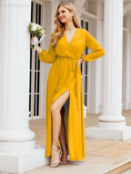 Numbersea Women's Chiffon Bridesmaid Dress A line Long Sleeves Formal Evening Prom Gown for Wedding Guest 28032-numbersea
