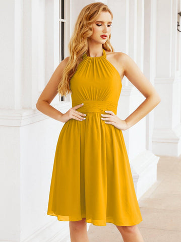 Numbersea Halter Chiffon Vestidos de dama de honor Cortos Sin mangas Vestido de fiesta formal Espalda abierta 28023 