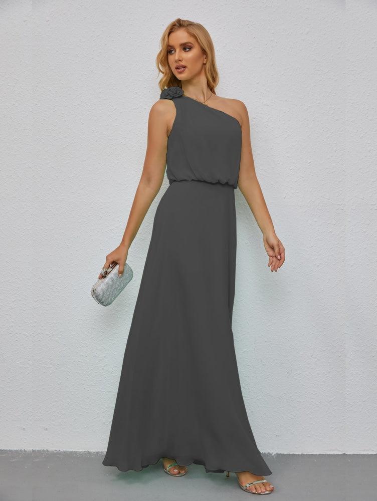 Ruffled One Shoulder Sleeveless Long Bridesmaid Dresses A-line Formal Evening Gown Side Split 28080-numbersea