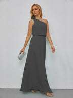 Ruffled One Shoulder Sleeveless Long Bridesmaid Dresses A-line Formal Evening Gown Side Split 28080-numbersea