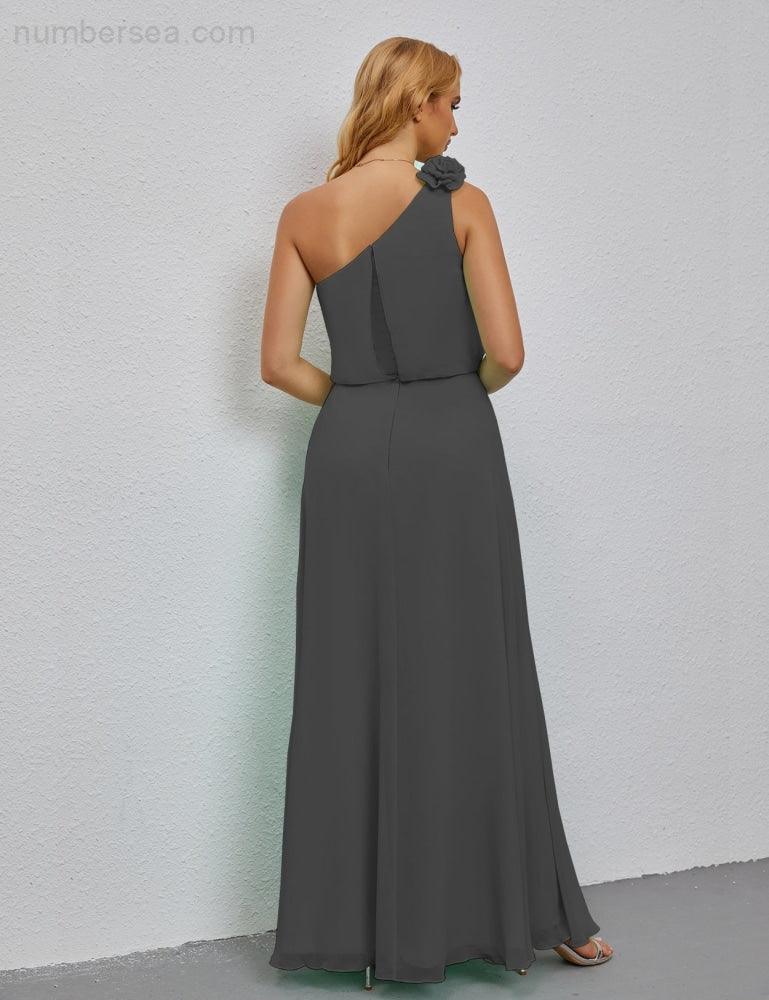 Ruffled One Shoulder Sleeveless Long Bridesmaid Dresses A-line Formal Evening Gown Side Split 28080-numbersea