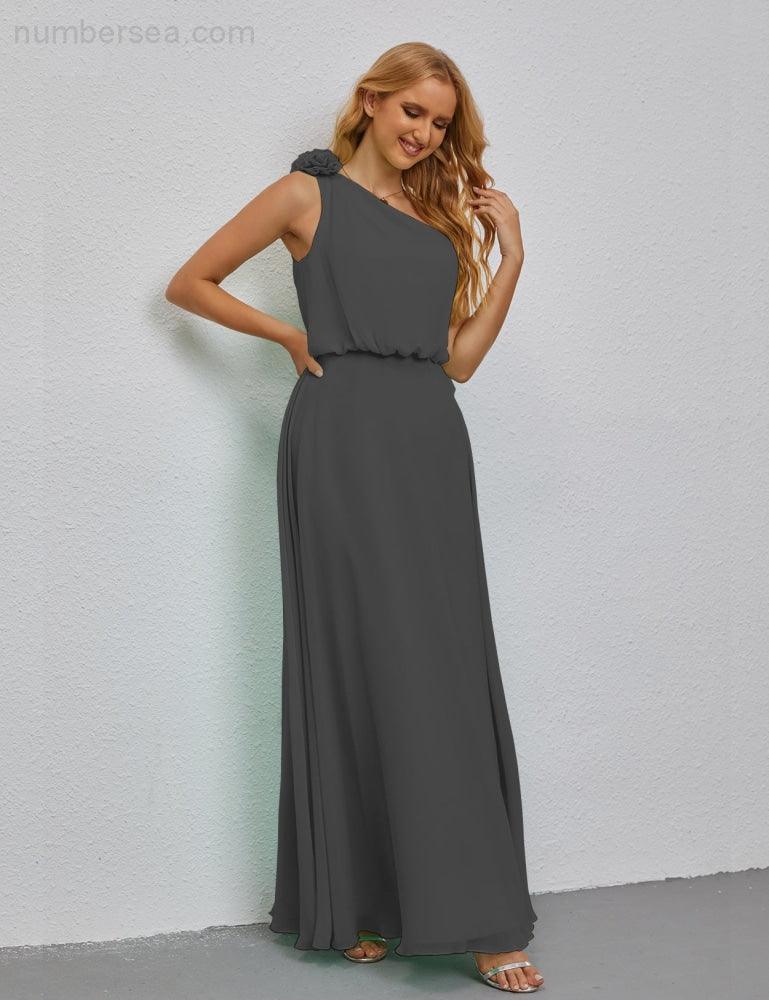 Ruffled One Shoulder Sleeveless Long Bridesmaid Dresses A-line Formal Evening Gown Side Split 28080-numbersea