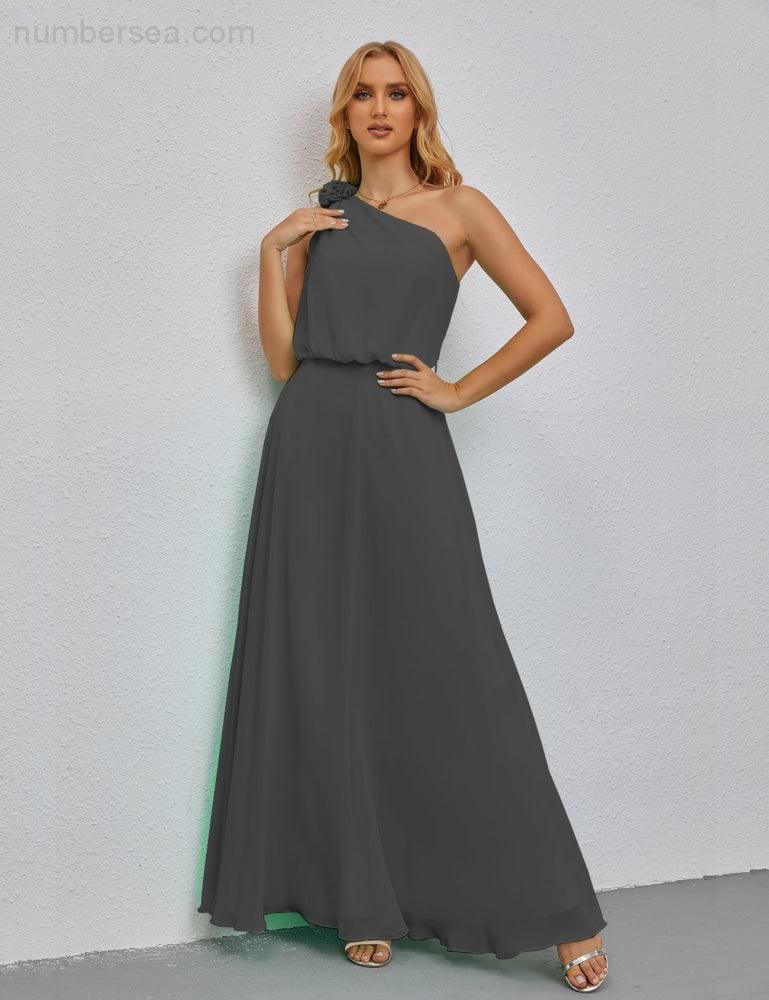 Ruffled One Shoulder Sleeveless Long Bridesmaid Dresses A-line Formal Evening Gown Side Split 28080-numbersea
