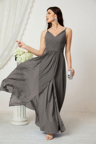 Numbersea Chiffon V-Neck Bridesmaid Dress Spaghetti Strap Long Formal Party Prom Gowns with Slit 28010-numbersea