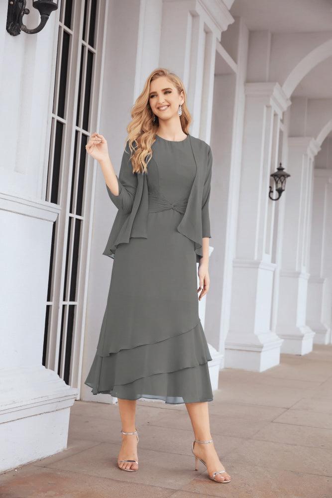 Numbersea Formal Party Gown Dress Chiffon Long Mother of The Bride Dresses with Ruffle Cape 28072 - numbersea