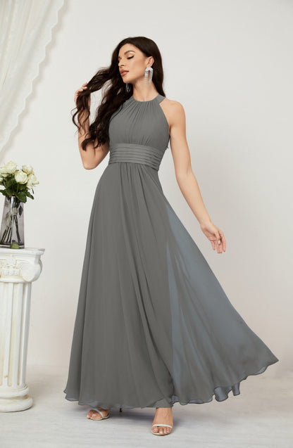 Numbersea Formal Party Gown Dress Chiffon Halter Long Sleeveless Bridesmaid Dresses 2802 Iron Gray