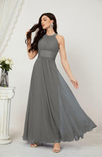 Numbersea Formal Party Gown Dress Chiffon Halter Long Sleeveless Bridesmaid Dresses 2802 Iron Gray