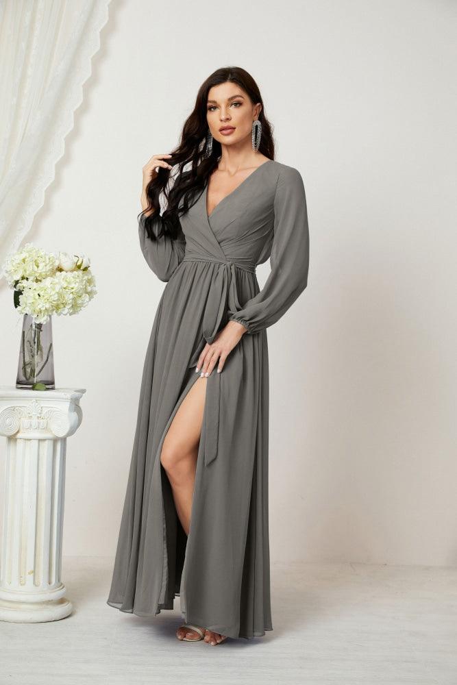 Numbersea Evening Dresses Deep V-Neck Chiffon Bridesmaid Dresses Long Bishop Sleeve Side Split Formal Dress 2806-numbersea