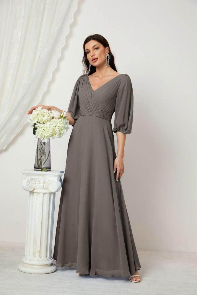 Numbersea Formal Prom Gown Women V-Neck Chiffon Bridesmaid Dresses Long Bishop Sleeve Party Dress 2807-numbersea