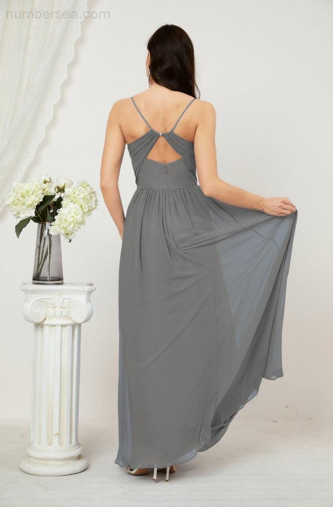 Numbersea Neck Bridesmaid Dresses Chiffon Long Spaghetti A-line Formal Prom Gown for Wedding Party Evening 2801-numbersea