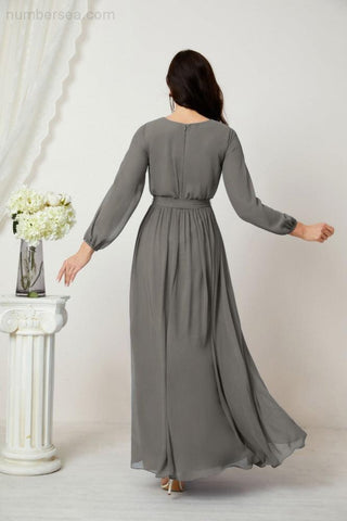 Numbersea Evening Dresses Deep V-Neck Chiffon Bridesmaid Dresses Long Bishop Sleeve Side Split Formal Dress 2806-numbersea