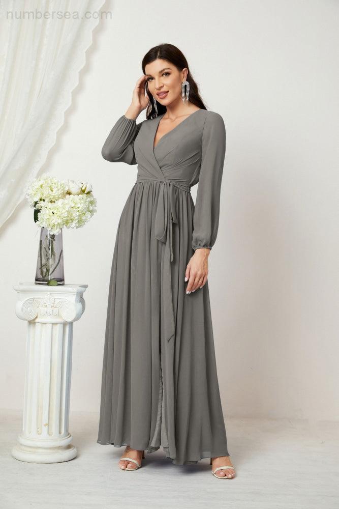 Numbersea Evening Dresses Deep V-Neck Chiffon Bridesmaid Dresses Long Bishop Sleeve Side Split Formal Dress 2806-numbersea