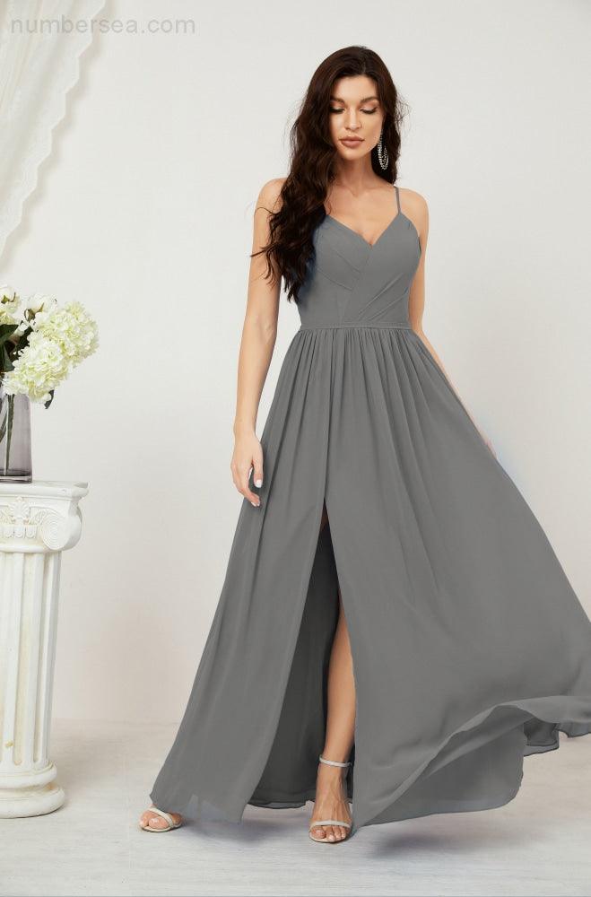 Numbersea Neck Bridesmaid Dresses Chiffon Long Spaghetti A-line Formal Prom Gown for Wedding Party Evening 2801-numbersea
