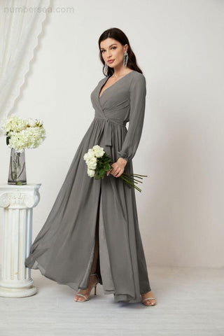 Numbersea Evening Dresses Deep V-Neck Chiffon Bridesmaid Dresses Long Bishop Sleeve Side Split Formal Dress 2806-numbersea