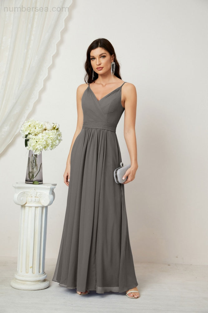 Numbersea Chiffon V-Neck Bridesmaid Dress Spaghetti Strap Long Formal Party Prom Gowns with Slit 28010-numbersea
