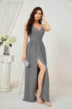 Numbersea Neck Bridesmaid Dresses Chiffon Long Spaghetti A-line Formal Prom Gown for Wedding Party Evening 2801-numbersea