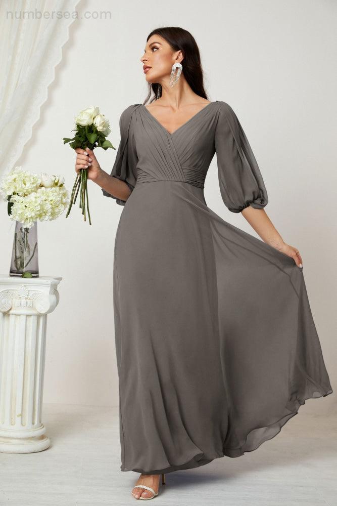 Numbersea Formal Prom Gown Women V-Neck Chiffon Bridesmaid Dresses Long Bishop Sleeve Party Dress 2807-numbersea