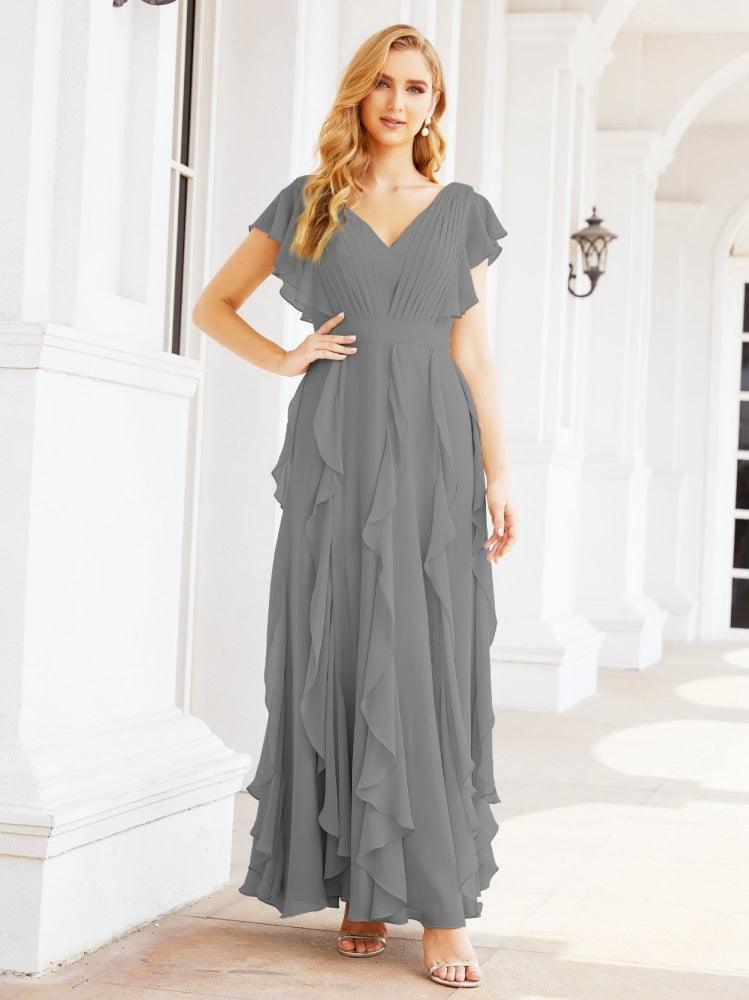 Ruffled Bridesmaid Dresses with Sleeves Long Formal Party Dress 28041-numbersea