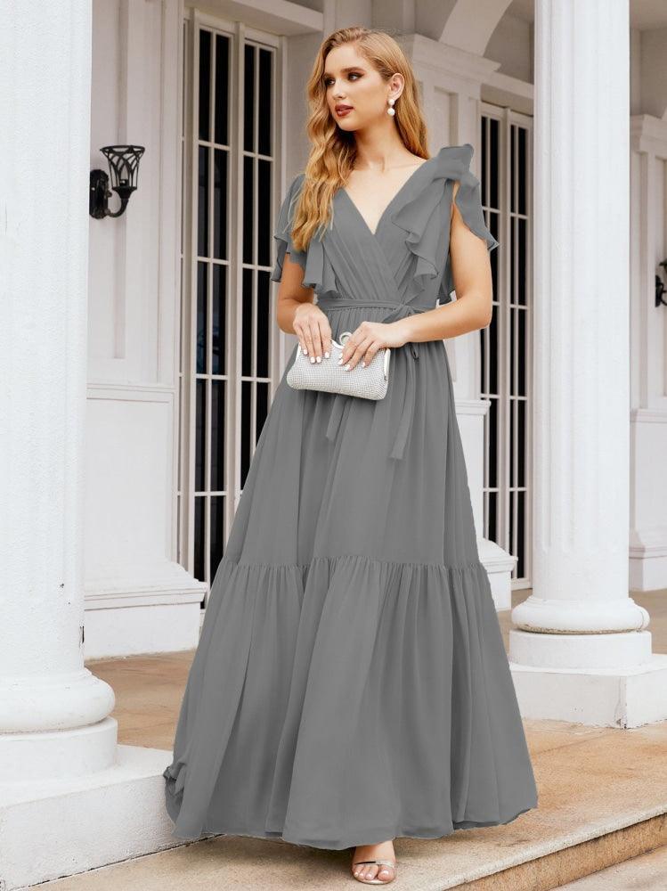 Numbersea Women's Open Back Formal Evening Party Prom Gowns V-Neck Long Chiffon Bridesmaid Dresses with Waist Belt 28038-numbersea