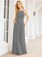 Numbersea Halter Bridesmaid Dresses with Pockets Sleeveless Formal Evening Party Prom Gowns 28055-numbersea