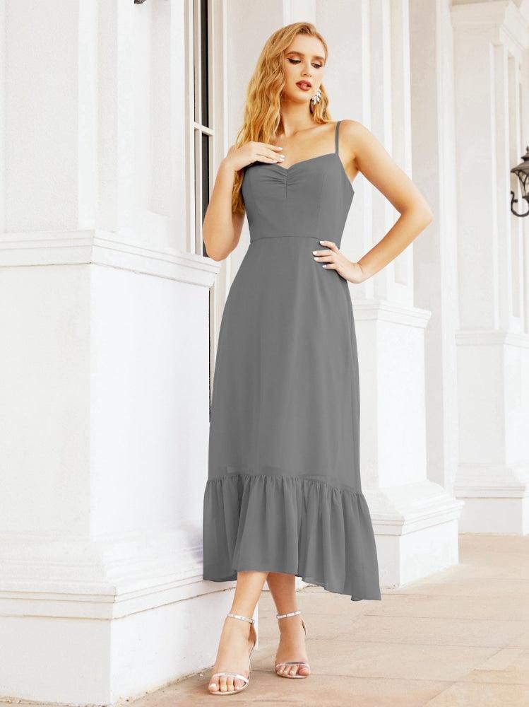 Numbersea Women Strap Chiffon Bridesmaid Dress Ankle Length Sleeveless Blackless Ruffle A Line