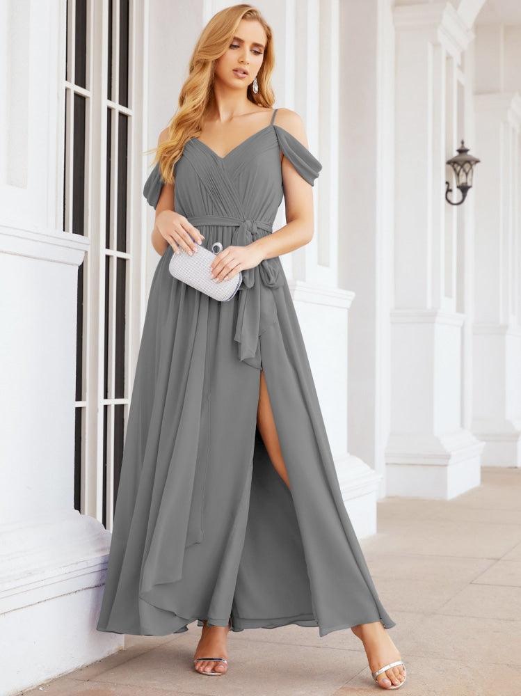 Numbersea Off The Shoulder Chiffon Bridesmaid Dress Long Formal Graduation Gown with Cowl Back 28069-numbersea