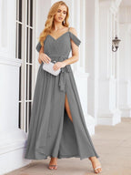Numbersea Off The Shoulder Chiffon Bridesmaid Dress Long Formal Graduation Gown with Cowl Back 28069-numbersea