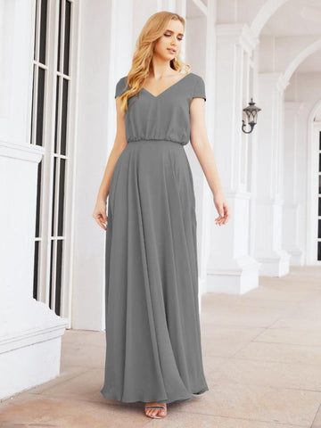 Numbersea V-Neck Bridesmaid Dresses Long Cap Sleeves Prom Evening Formal Gowns 28071-numbersea