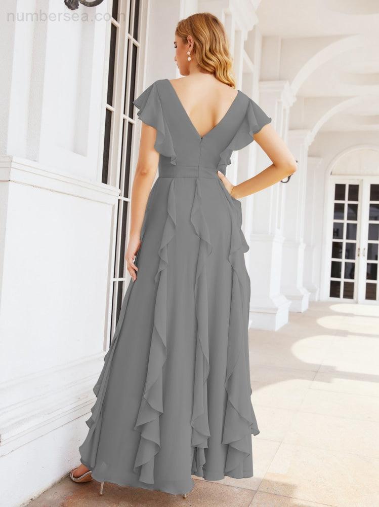 Ruffled Bridesmaid Dresses with Sleeves Long Formal Party Dress 28041-numbersea