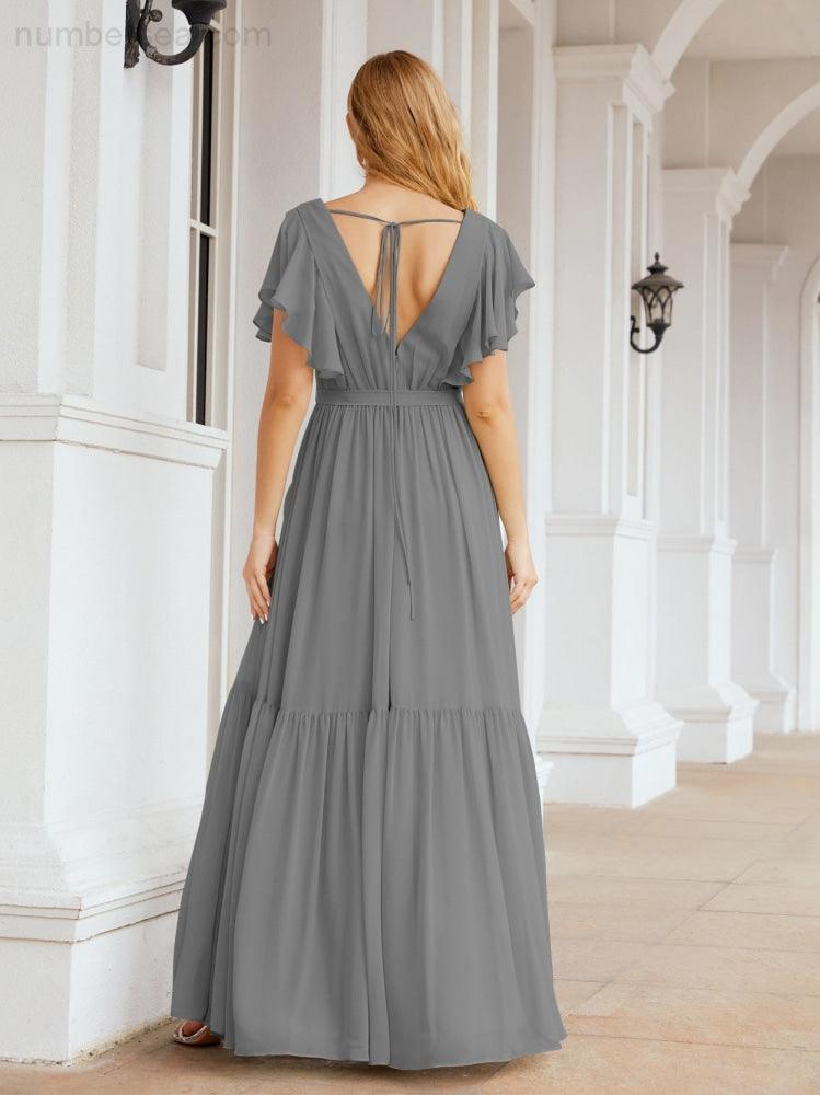 Numbersea Women's Open Back Formal Evening Party Prom Gowns V-Neck Long Chiffon Bridesmaid Dresses with Waist Belt 28038-numbersea