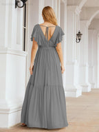 Numbersea Women's Open Back Formal Evening Party Prom Gowns V-Neck Long Chiffon Bridesmaid Dresses with Waist Belt 28038-numbersea