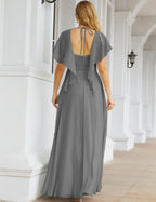 Numbersea Chiffon Bridesmaid Dresses Long Formal Evening Prom Mother of The Bride Dress with Flutter Sleeve     SEA28040