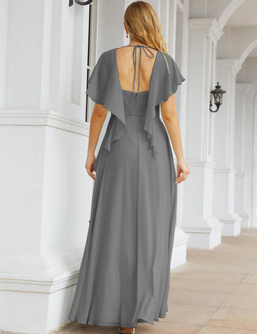 Numbersea Chiffon Bridesmaid Dresses Long Formal Evening Prom Mother of The Bride Dress with Flutter Sleeve     SEA28040