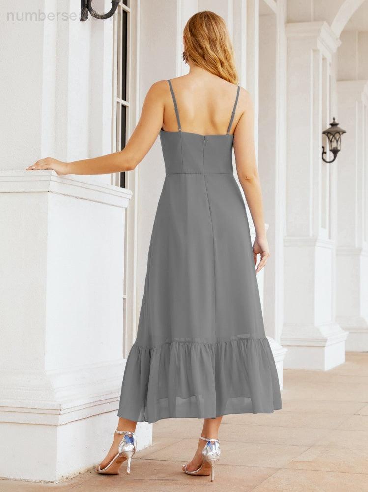 Numbersea Women Strap Chiffon Bridesmaid Dress Ankle Length Sleeveless Blackless Ruffle A Line