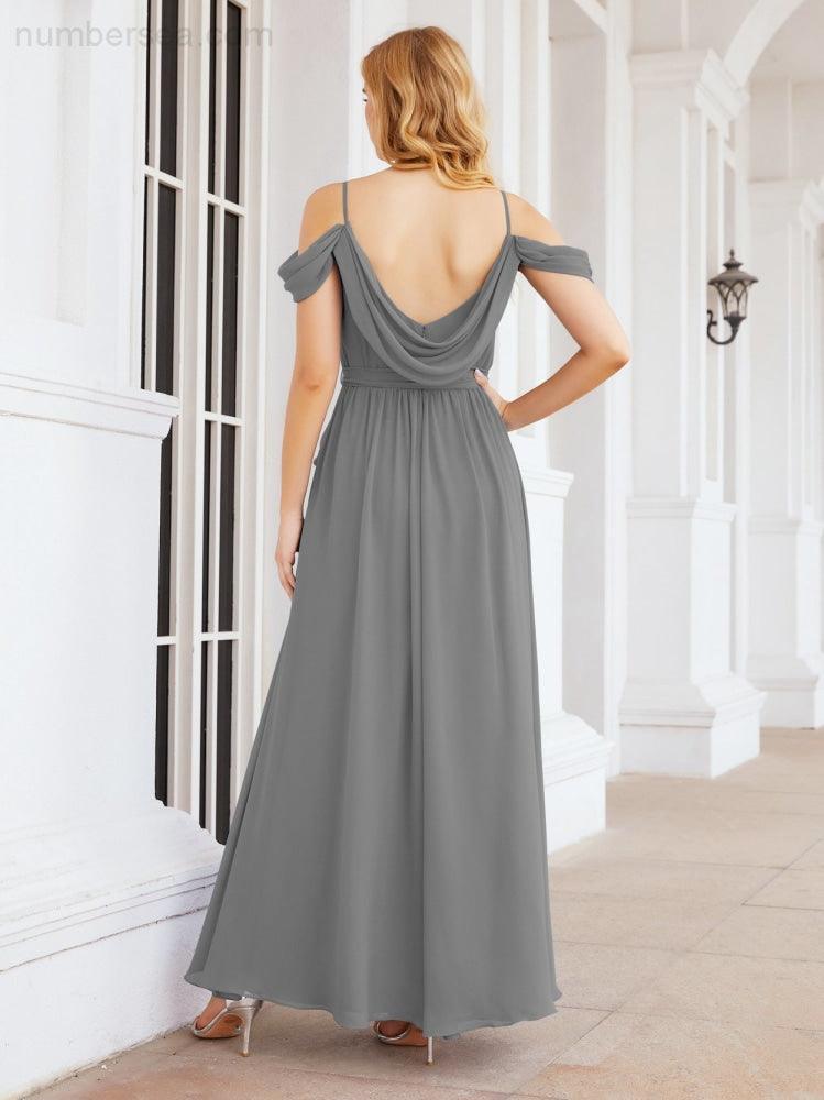 Numbersea Off The Shoulder Chiffon Bridesmaid Dress Long Formal Graduation Gown with Cowl Back 28069-numbersea