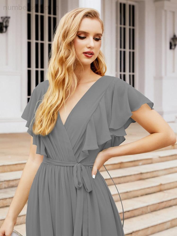 Numbersea Women's Open Back Formal Evening Party Prom Gowns V-Neck Long Chiffon Bridesmaid Dresses with Waist Belt 28038-numbersea