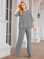 Numbersea Elegant 2 Piece Mother of The Bride Dress Plus Size Pant Suits Ruffle Layers Sliver Housecoat 28064