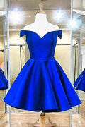 Vestidos de fiesta de satén azul rey con hombros descubiertos