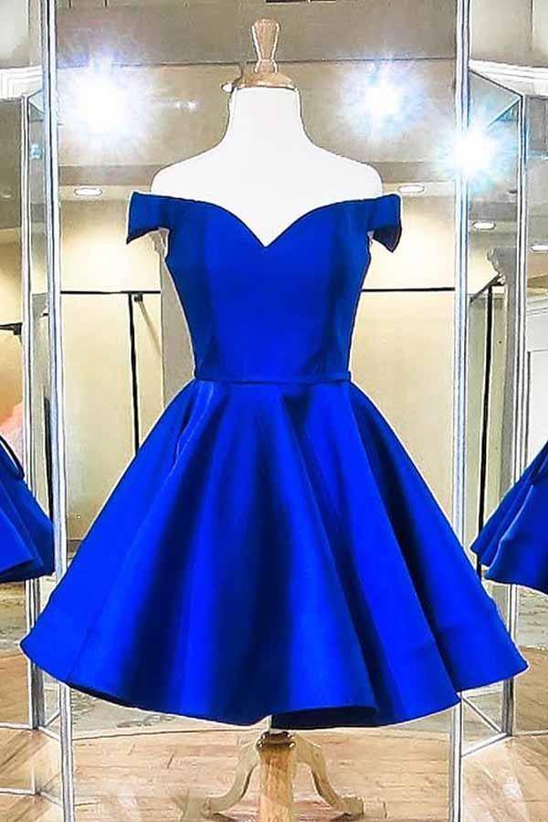 Fashion Off The Shoulder Royal Blue Satin Homecoming Dresses