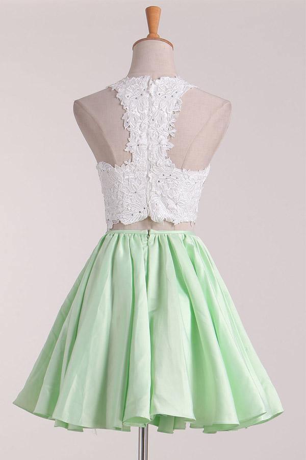 Vestidos de fiesta de dos piezas con escote redondo, corte A, satén con apliques PD411