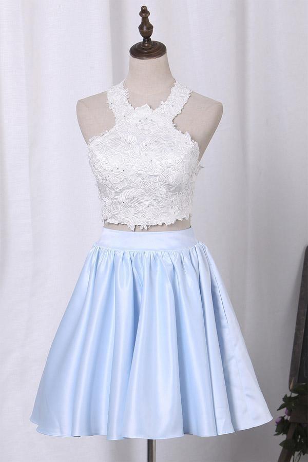 Vestidos de fiesta de dos piezas con escote redondo, corte A, satén con apliques PD411