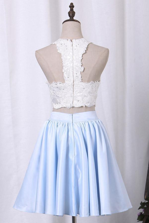 Vestidos de fiesta de dos piezas con escote redondo, corte A, satén con apliques PD411