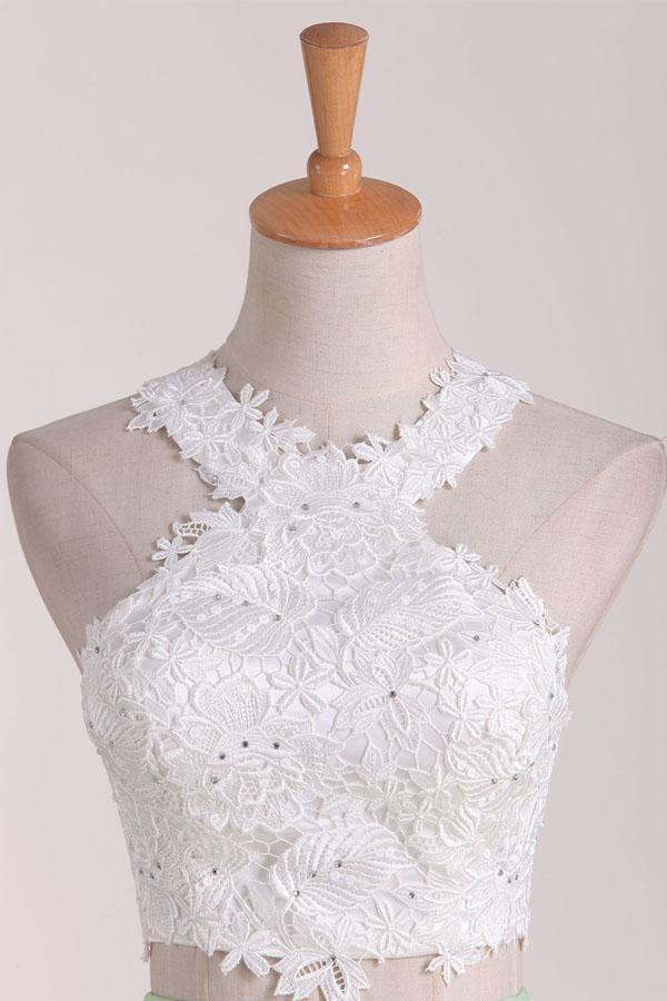 Vestidos de fiesta de dos piezas con escote redondo, corte A, satén con apliques PD411